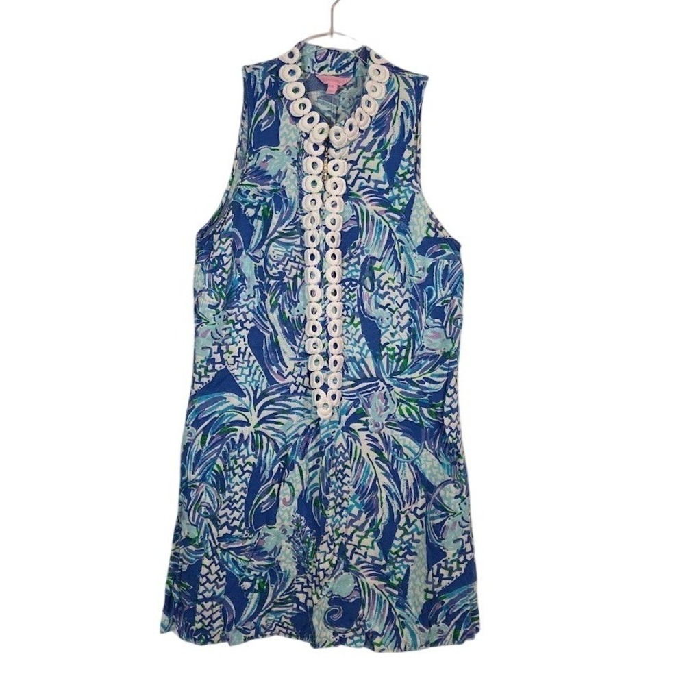 Lilly Pulitzer 10 Jane Shift Dress Canopy Chaos Blue Green Tropical Lace Trim